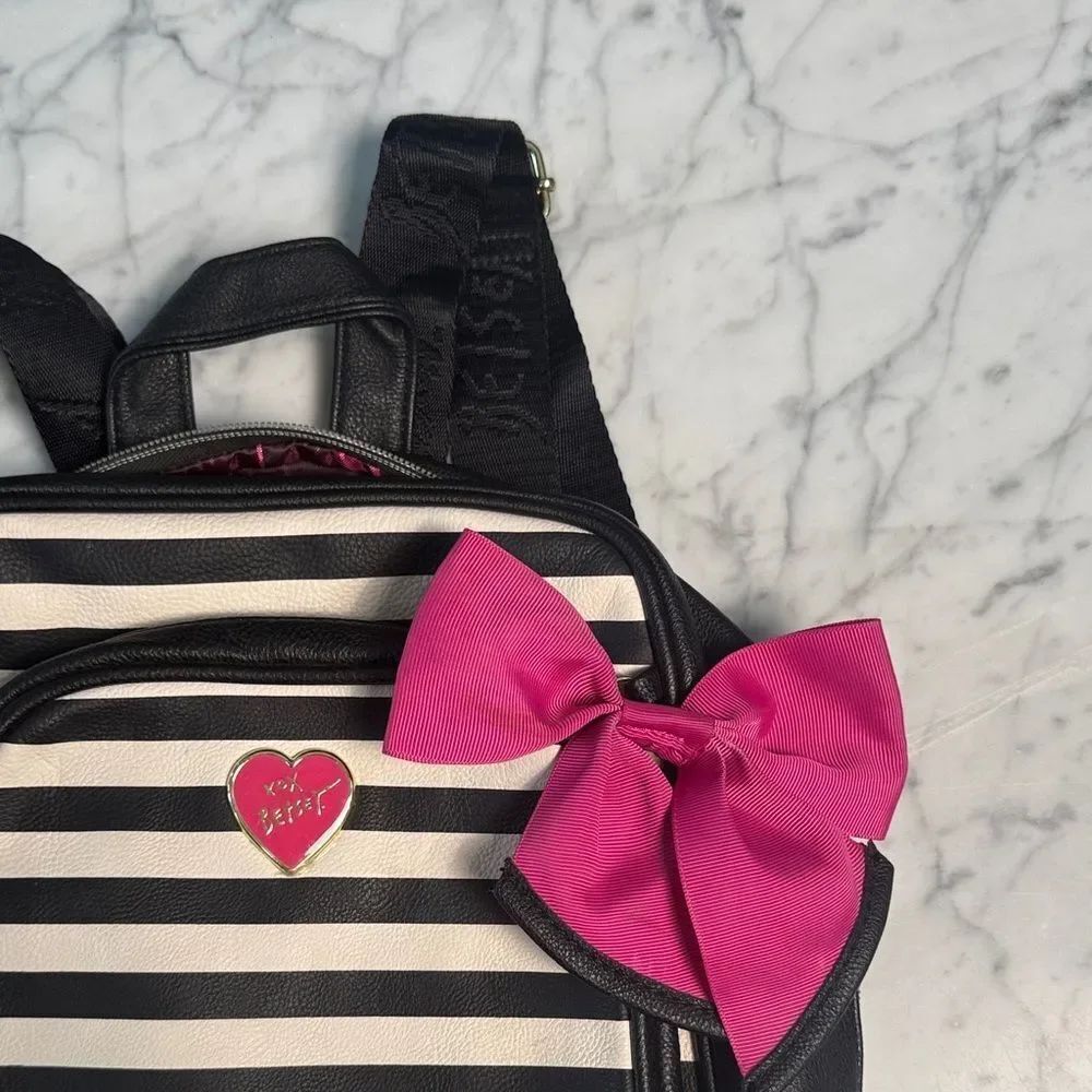 Betsey Johnson Black & White Bow Faux Leather Striped Backpack - Picture 2 of 10